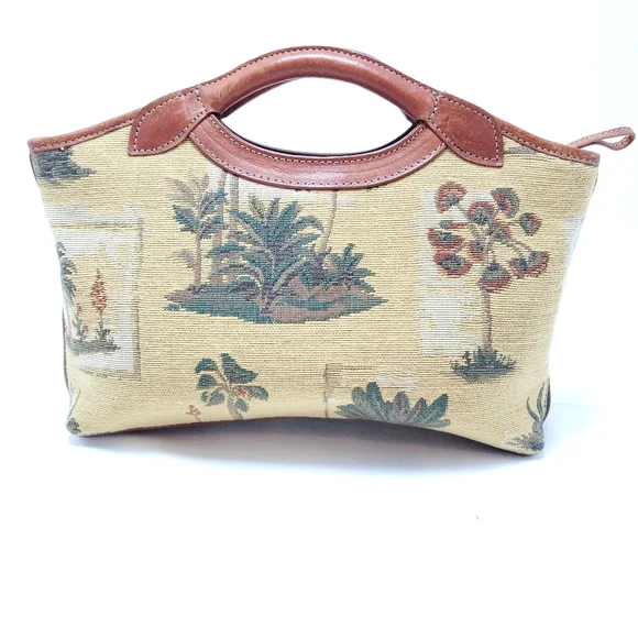 Tommy Bahama Tapestry palm tree printed clutch purse w/leather handles & trim - Picture 2 of 7